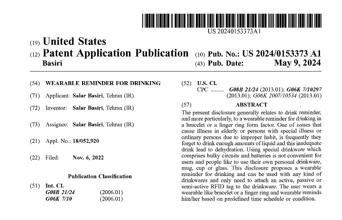 US Patent - Wearable Reminder for Drinking